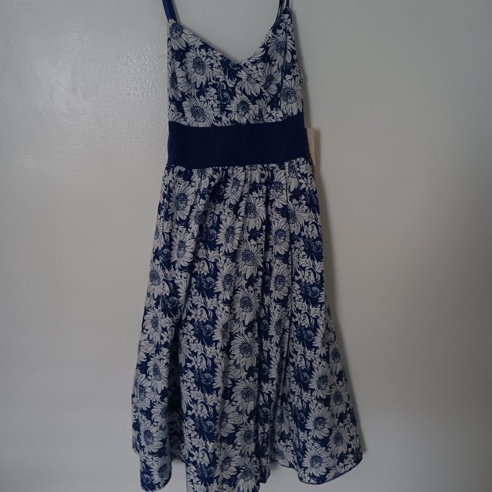 Derek Heart Blue Cotton Floral Cottage Core Flare Midi Summer Dress - M NWT